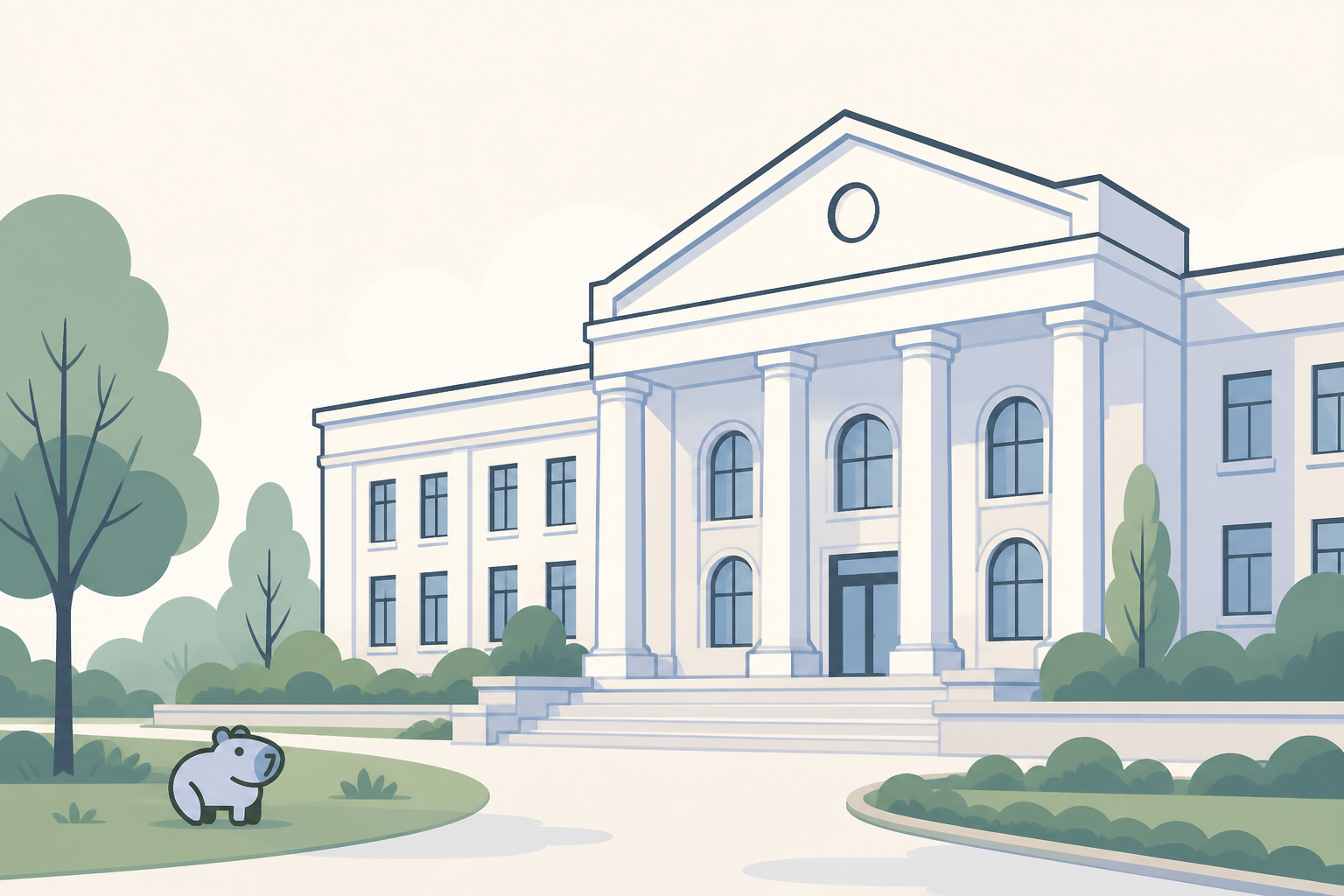 Ilustración de un campus educativo con columnas clásicas, jardines y el capibara de Malu en primer plano